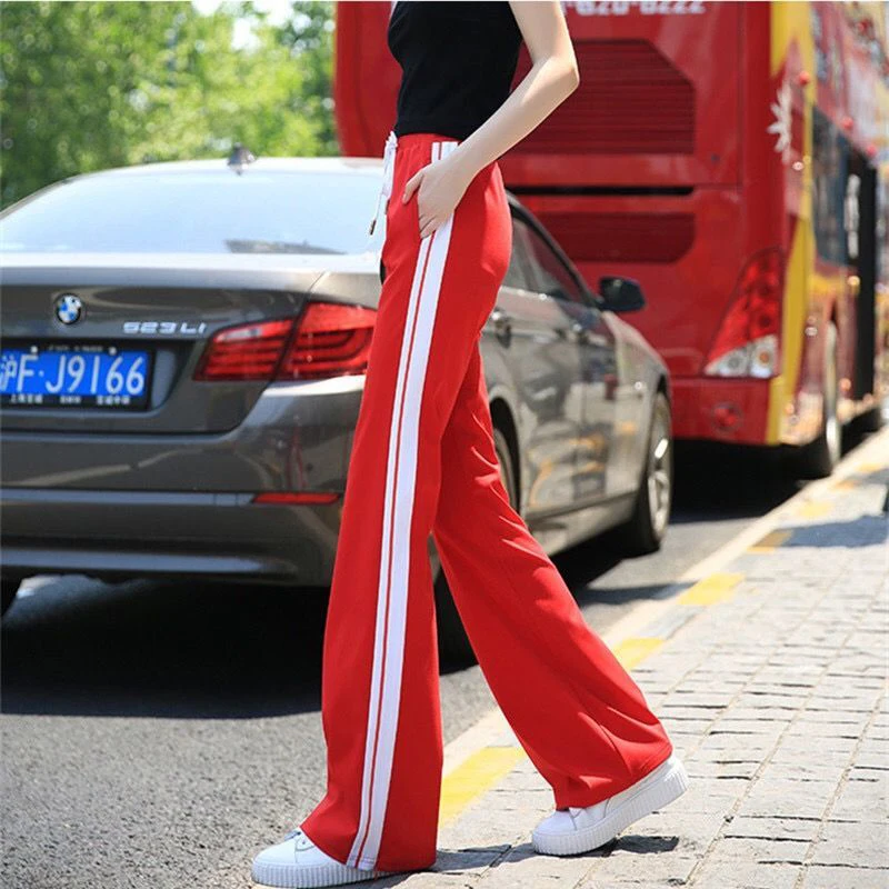 Women Casual Side Stripe Wide Leg Sweatpants Big Size TrousersLace Up High Waist Baggy Pantalones Korean Straight Jogger Pants