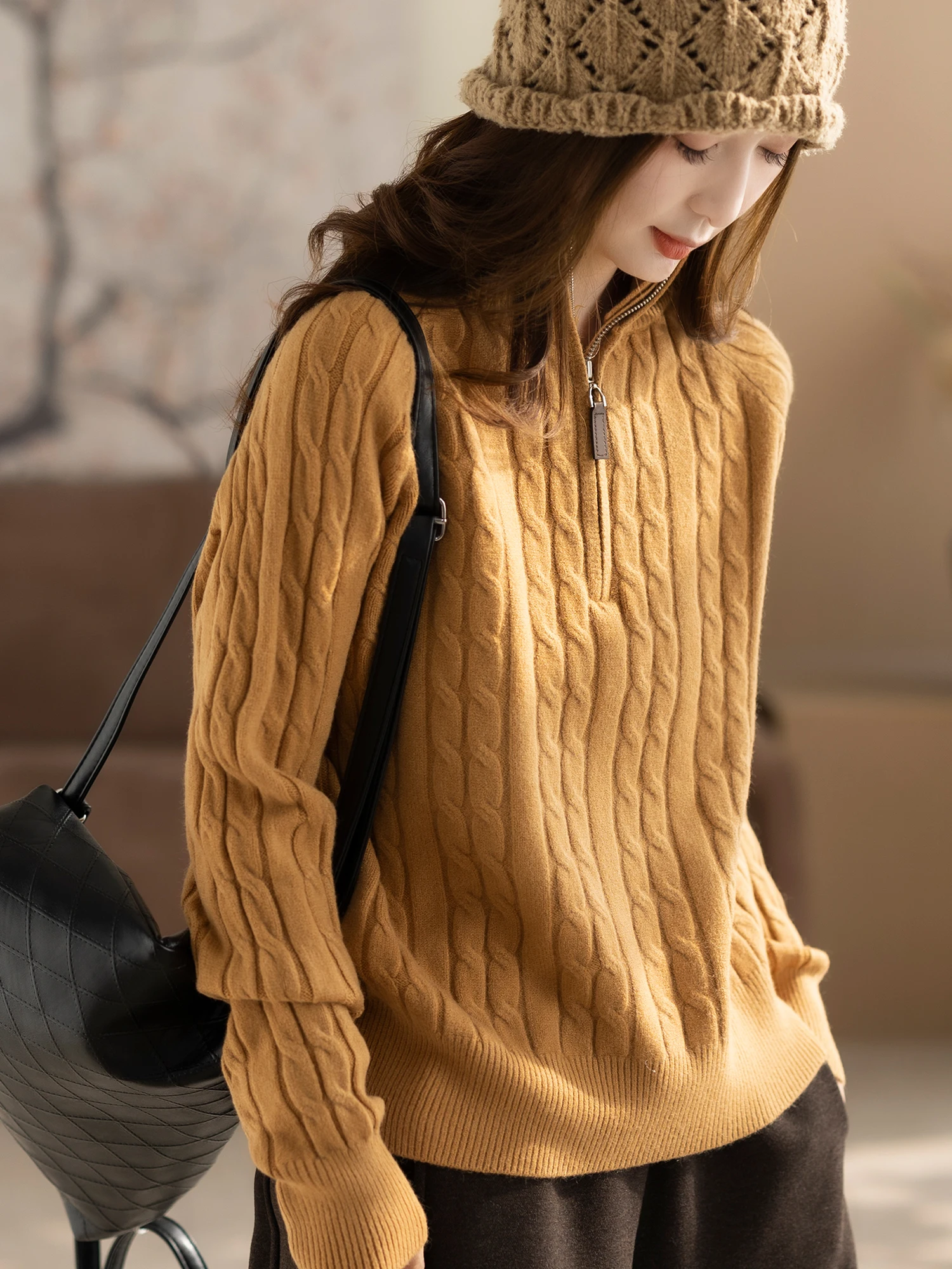 

Kyu Thiened Knitted Sweater Zipper Long Sve High Collar Loose Casual Winter Warm Knitwear Age-Defng Twist Pattern