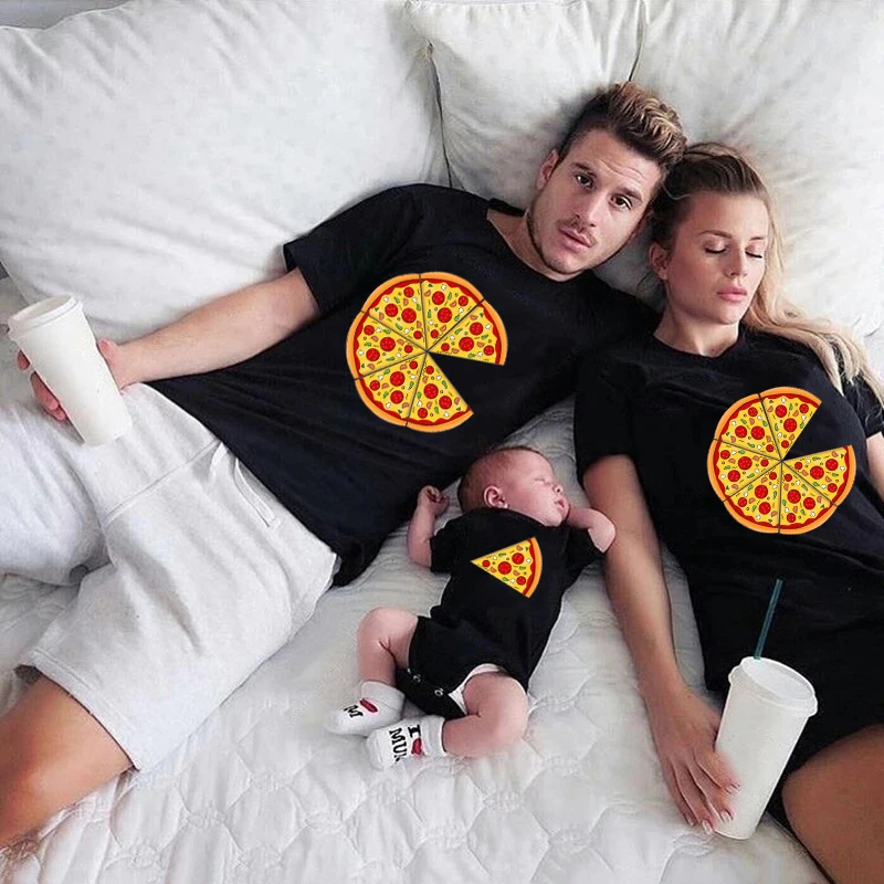 Funny Pizza and Pizza Slice Print Family Matching Shirts Cotton Dad and Daughter Son Kids Tshirts Baby Rompers Father's Day Gift