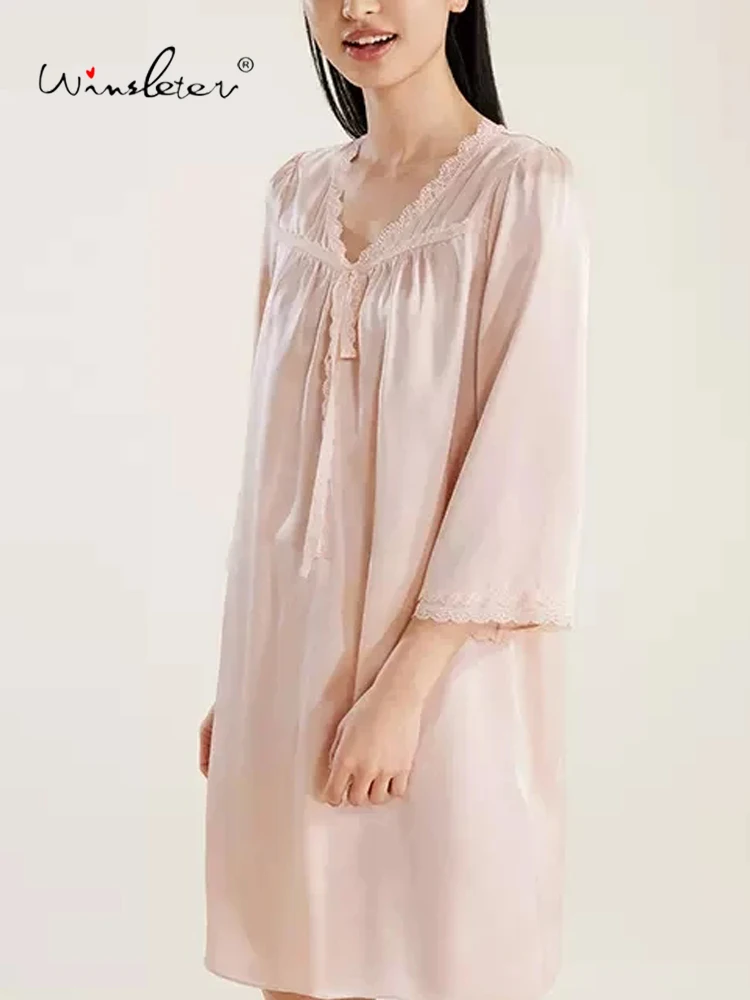 Winsleter,Women's Solid Long Sleeve,French Lace V-Neck Elegant Home Wear,100%Mulberry Silk Pajama Dress,2024 Spring P41895QC