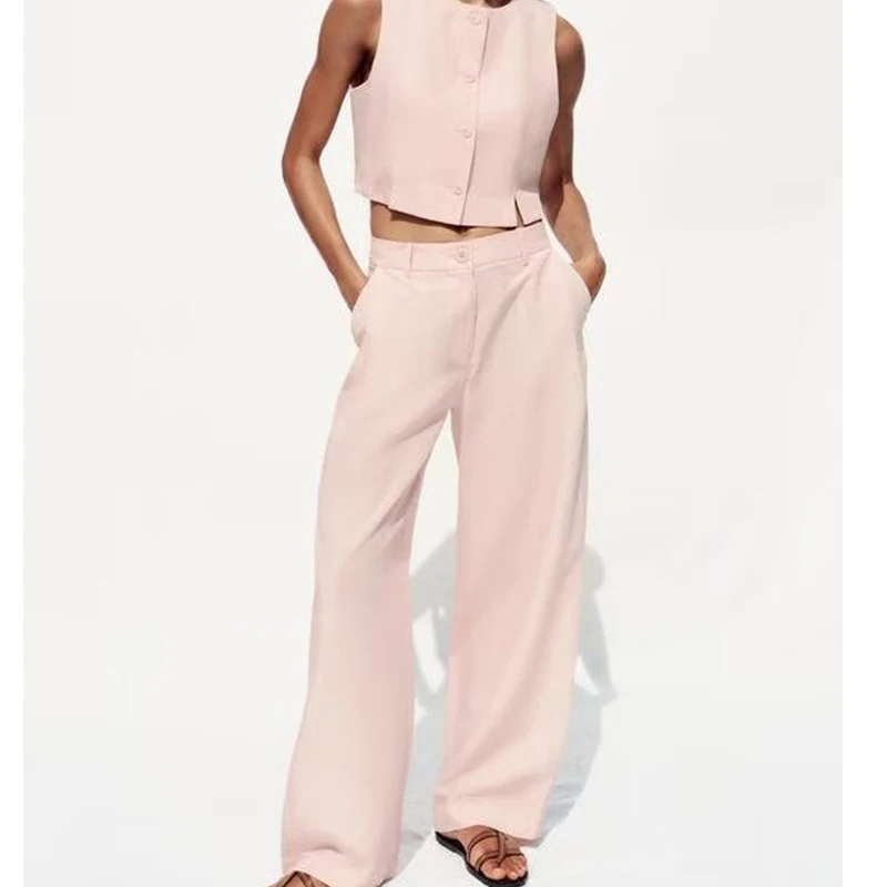 

New Women Slit Design Elegant Pink Short Vest Front Button O Neck Sleeveless Summer Tank Tops