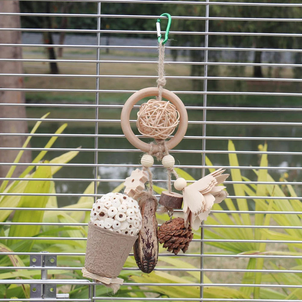 Natural Wood Bird Bite Toys Rattan Ball Pinecone Wood Block Parrot Chewing Toys With Metal Hook Bird Cage Accessory For Parrot