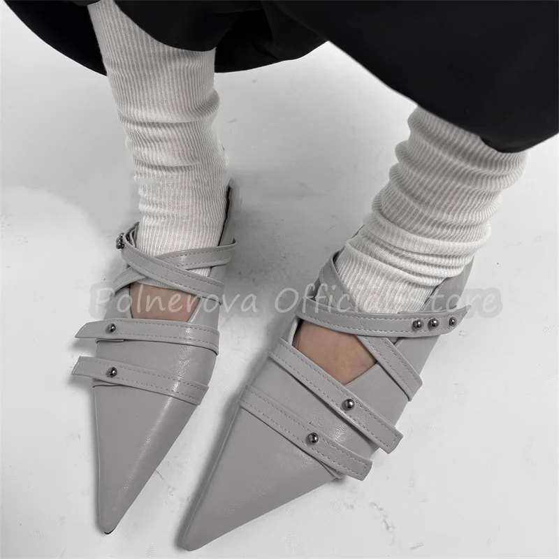 

Punk Rivet Decor Cross Buckle Strap Women Pumps Pointed Toe Low Heel Shallow Mary Janes Ladies Sandals Flats Shoes Big Size