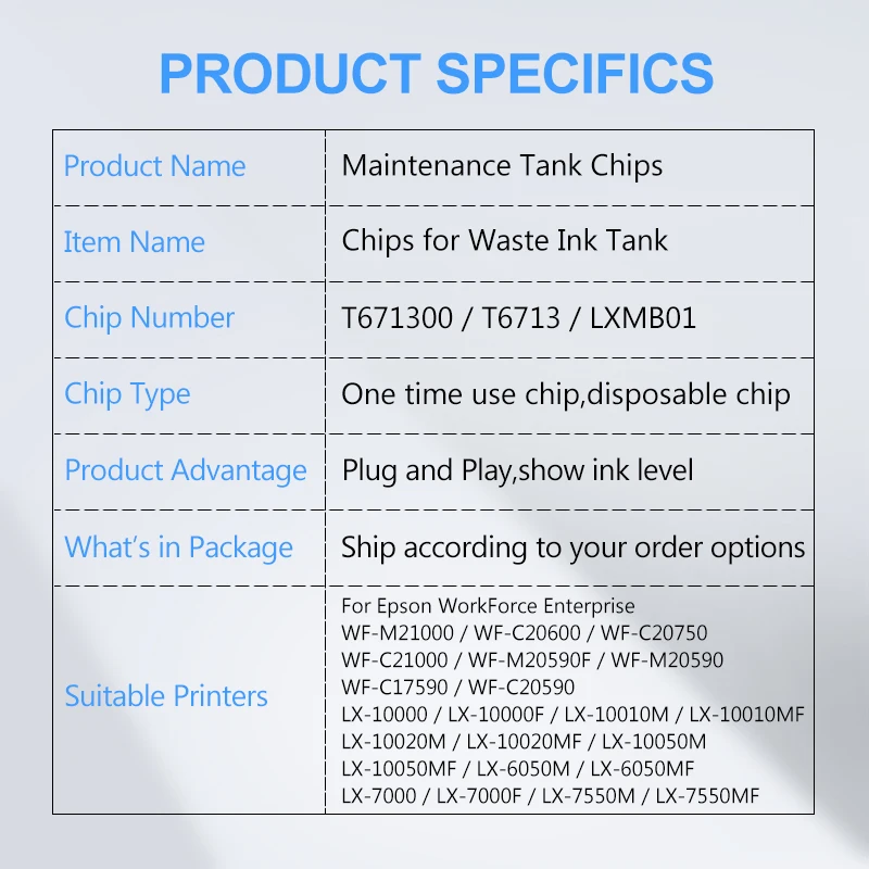 T6713 T671300 LXMB01 Maintenance Tank Chip For Epson WF-M21000 C20600 C20750 C21000 M20590 C17590 C20590 One Time Chips