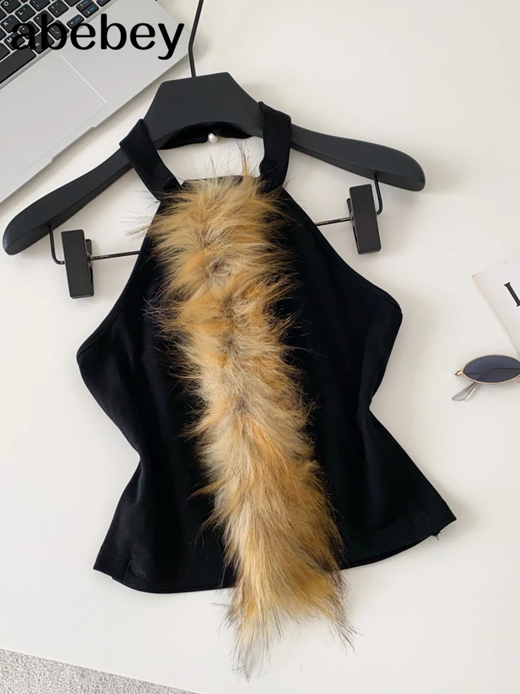 

2025 Women's Black Sexy Patchwork Furry Halter Tops Slim Backless O-Neck Hollow Out Sleeveless Tanks Female Streetwear Tops New