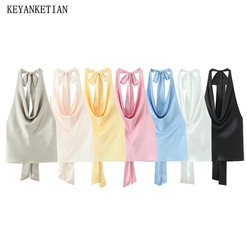 

KEYANKETIAN 2025 Summer New Bow Lace Up Backless Halter Vest Solid color Sexy Swinging Collar Women's Satin Corset Camisole