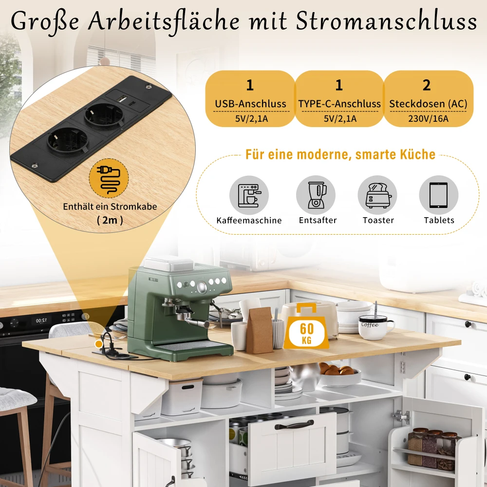 Kücheninsel mit Rollen, abnehmbarem Esstisch, mit Schubladen und Handtuchhalter, mobiler Küchenwagen mit Steckdosenstangen – Detail 29