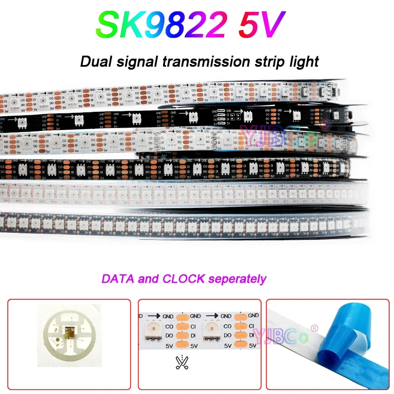 5V DC SK9822 addressable LED Strip DATA and CLOCK seperately Light bar 30/60/144 leds/m SMD 5050 RGB pixel Smart Lamp Tape