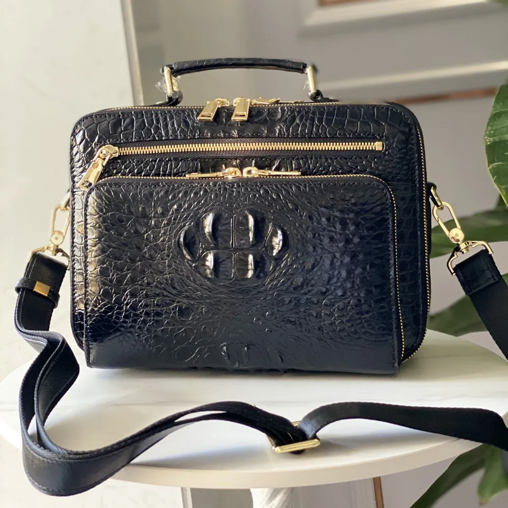 Borsa casual da lavoro da uomo in vera pelle di coccodrillo, borsa a tracolla a tracolla di grande capacità con cerniera in vera pelle di coccodrillo