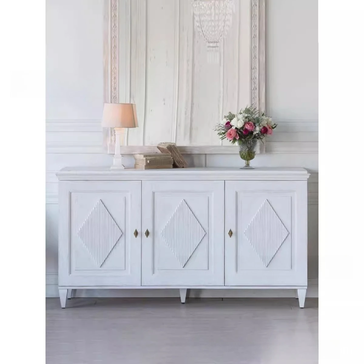 

American rural solid wood antique white side cabinet French light luxury European storage cabinet B & B style
