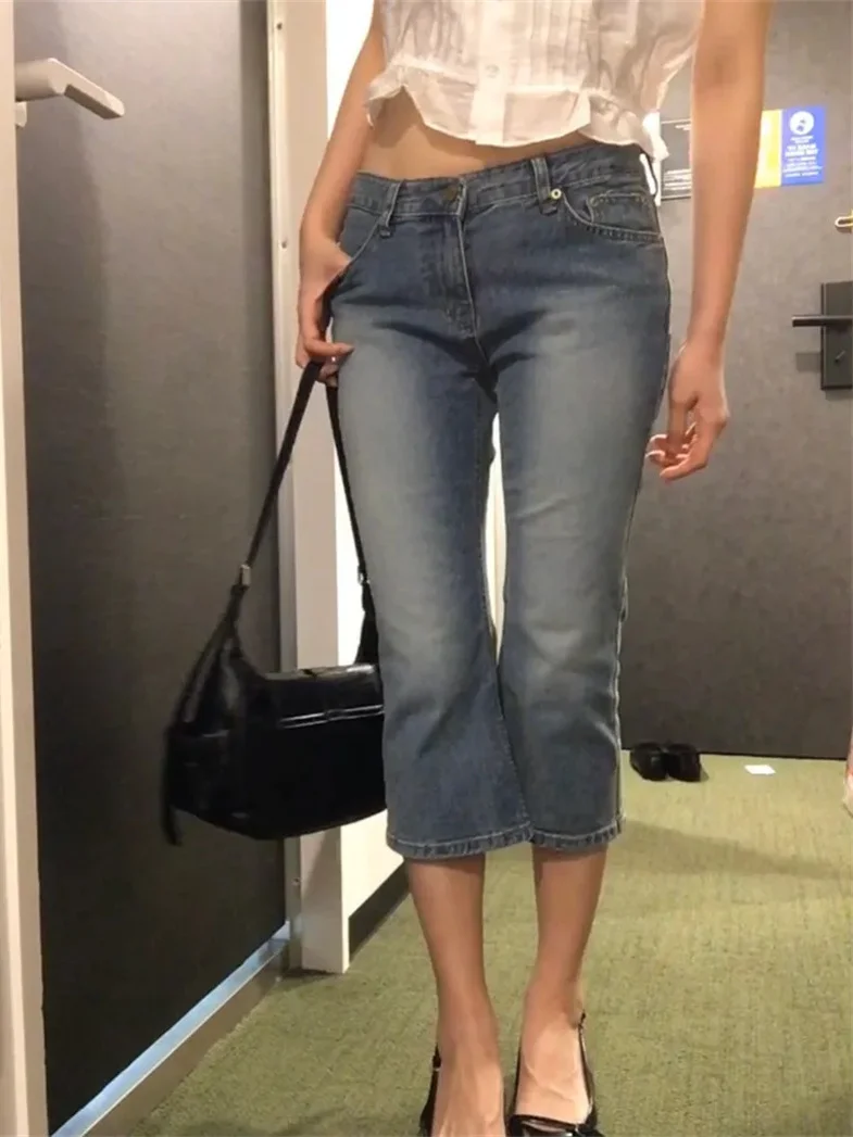 

High Waist Slim Fit Seven Inch Bell Bottom Jeans Women's Summer American Retro Personalized Slim Straight Casual Pants