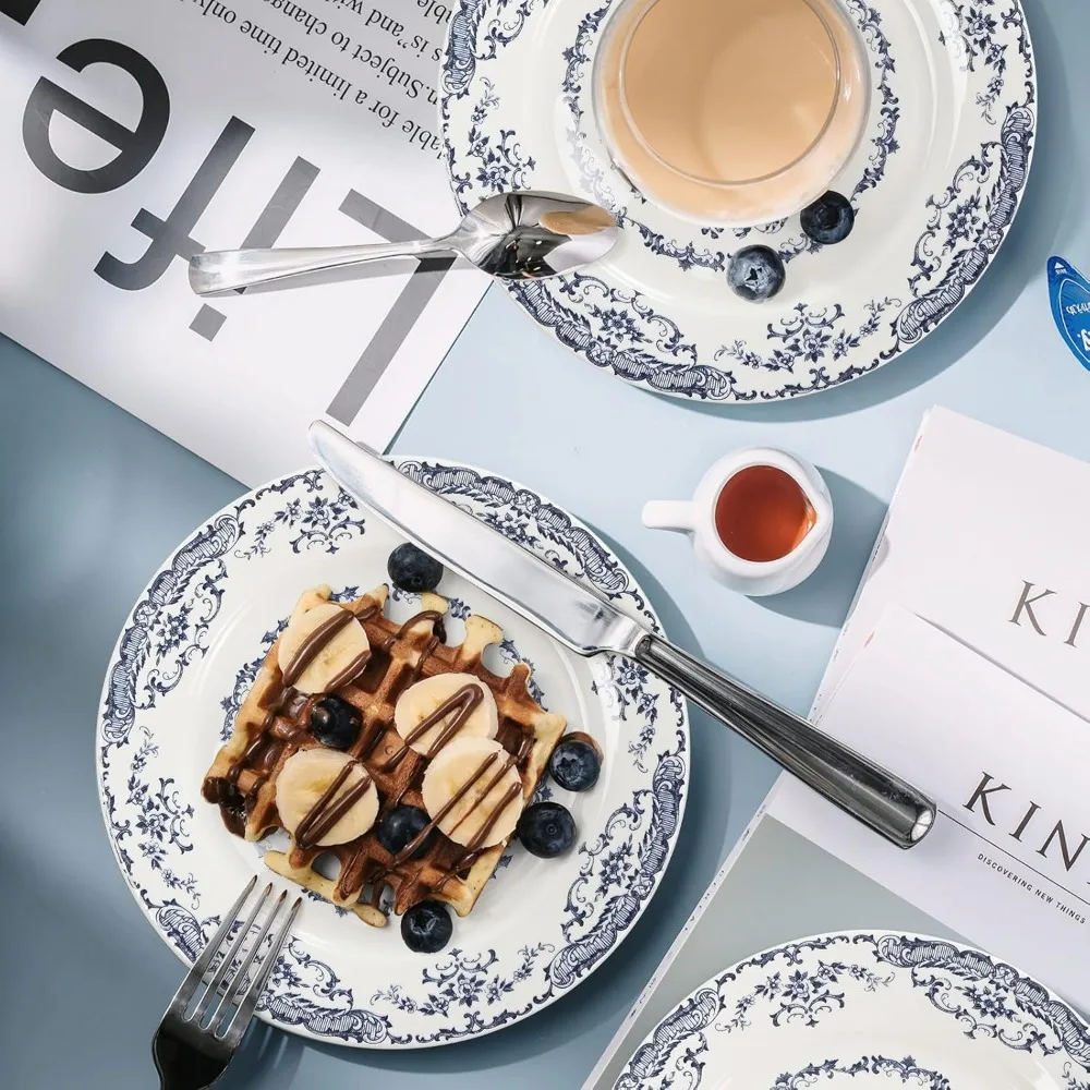 أطباق عشاء، طقم أطباق سيراميك مكون من 6 قطع، أطباق مطبخ آمنة للميكروويف، طبق أبيض للحلوى طبق زهري أزرق بورسلين (ورد أزرق #6