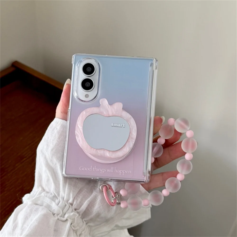 Gradient Pink Peach Mirror Grip Holder Pink Magnetic Phone Case For Samsung Galaxy Z Fold 8 Shockproof Hard Folding Cover Women