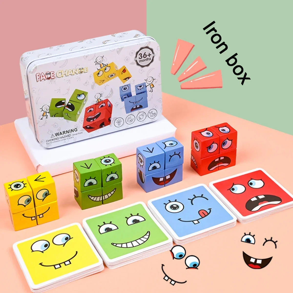 Face Changing Building Blocks Cartoon Cube Board Game Wooden Puzzle Montessori Toy Anxiety Stress Relief Toys For Children Kids