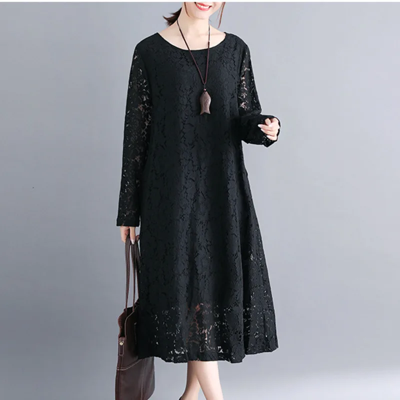 #3255 Spring Summer Red Black White Lace Dress Women Long Sleeve High Quality Fashion O-neck Hollow Out Midi Dress Elegant 