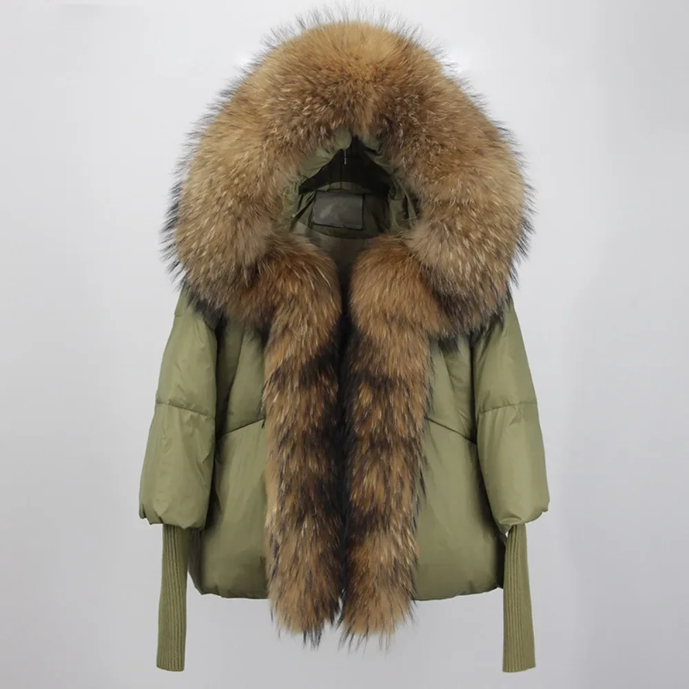 Women New Loose Real Fox Fur Collar Hooded Natural Oversize Puffer Jacket Thick Warm Streetwear Outerwear Duck Down Coat Winter