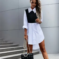 Shirt Skirt Ladies Mini Dress Autumn Fashion Solid Color Collar Black And White Splicing A-line Elegant Women's Shirt Skirt 2024