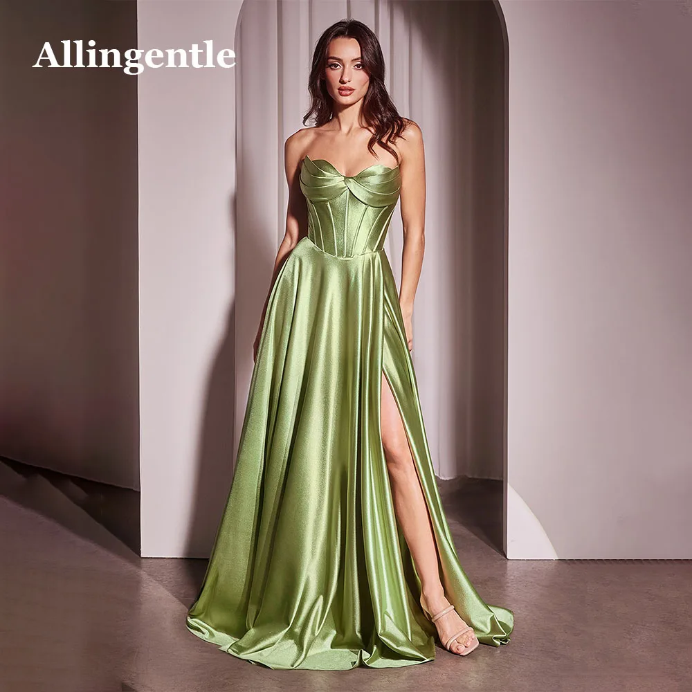 Allingentle Sweetheart Ruched Evening Dresses A-Line Satin Bridesmaid Dress For Wedding Prom Party Gowns with Slit Customized