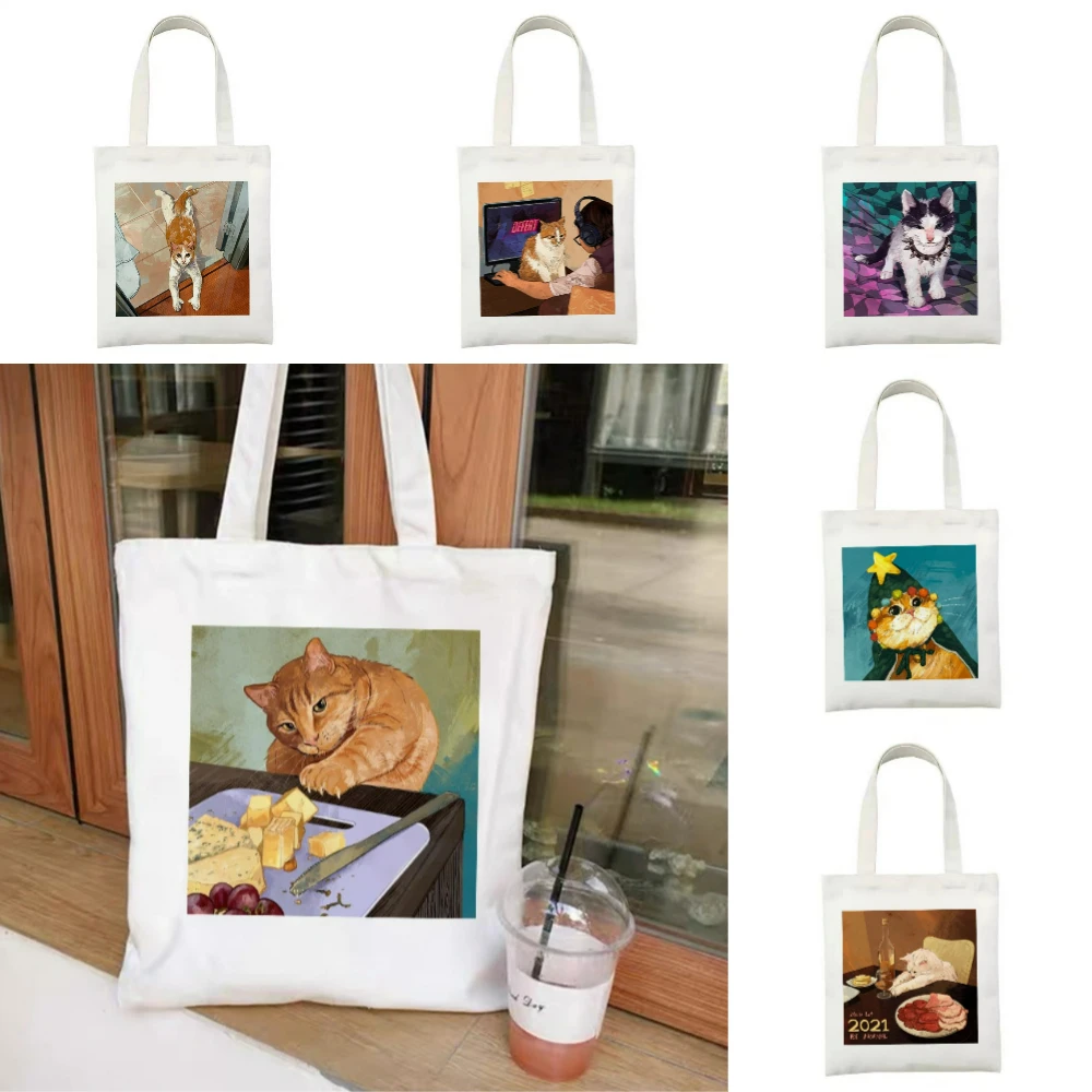 

Adorable Cat Oil Painting Art Print Canvas Tote Bag Reusable Eco-Friendly Shoulder Bag for Work Travel Yoga and Daily Errands