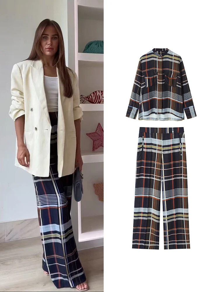 

Осенняя новая женская модная клетчатая рубашка с карманами, широкие клетчатые брюки, комплект из двух предметов, повседневная свободная шикарная женская уличная одежда