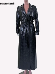 Mauroicardi Spring Autumn Extra Long Shiny Reflective Crocodile Print Pu Leather Trench Coat for Women Luxury Designer Clothes