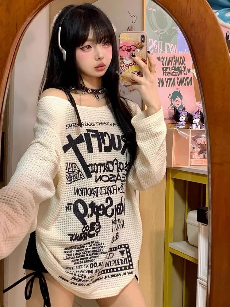 HOUZHOU Vintage Letter Graphic T-shirts Women Off Shoulder Y2k Aesthetic Oversized Grunge Punk Korean Harajuku See Through Tees