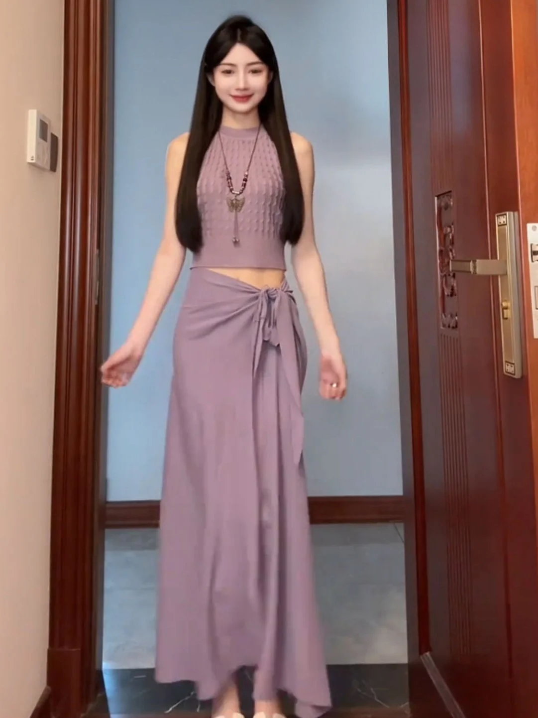 

Korean Lady Style Knitted High Waist Skirt And Vest Two Piece Set for Women Elegant Summer Outfit Purple Color