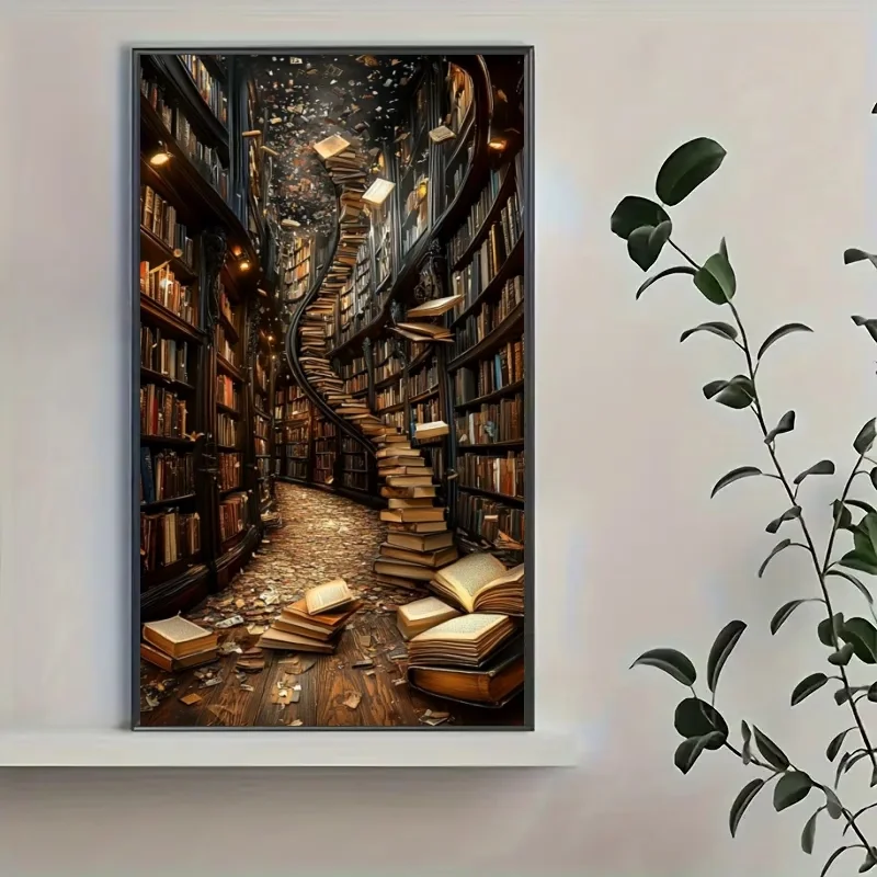 Amazing Bookshelf Library Books Full Round Square Diamond Painting Set, New 2026 DIY Diamond Art Mosaic Animals Craft Handmade H