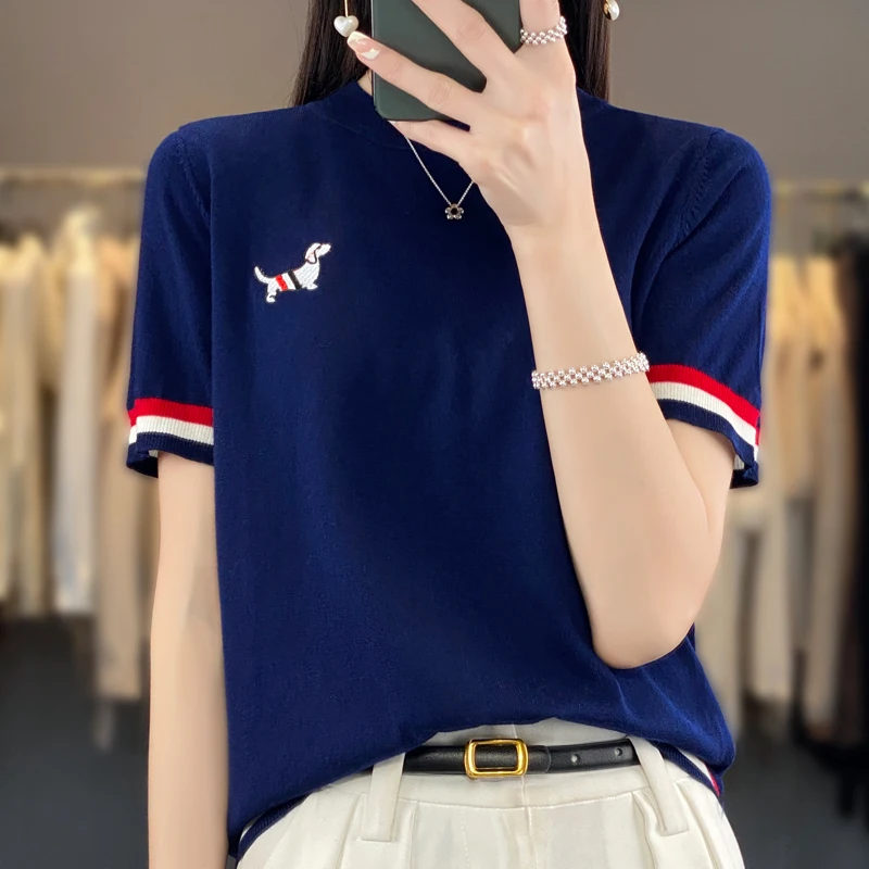 

ADDONEE Spring Summer Women Preppy Style T-shirt Basic Casual Short Sleeve O-neck Pullover Sweater 30% Merino Wool Knitwear Tops