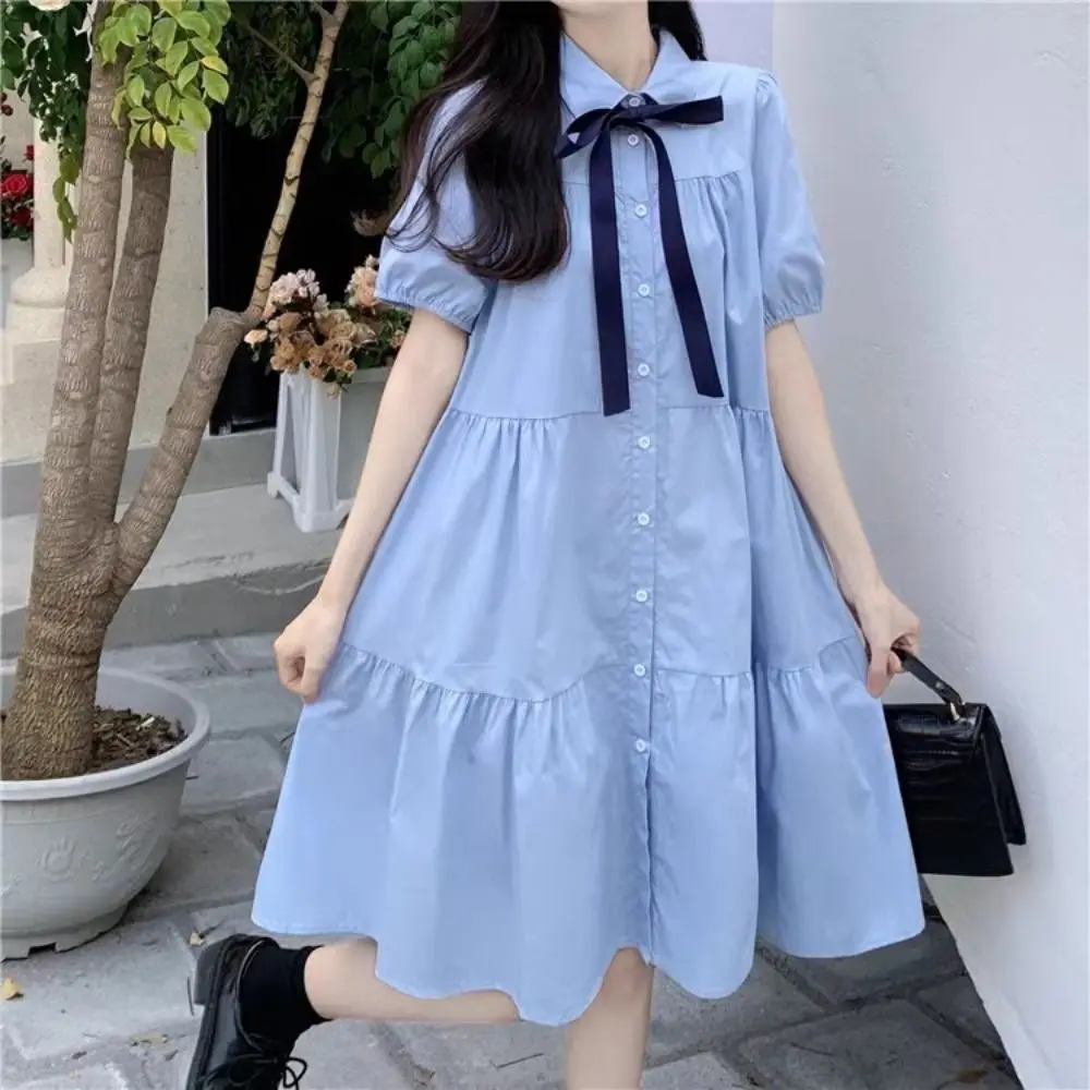 

Bowknot Girl Princess Dress Loose Preppy Style Teenagers Shirt Dress Sweet Puff Short Sleeve Children Bubble Dresses Party