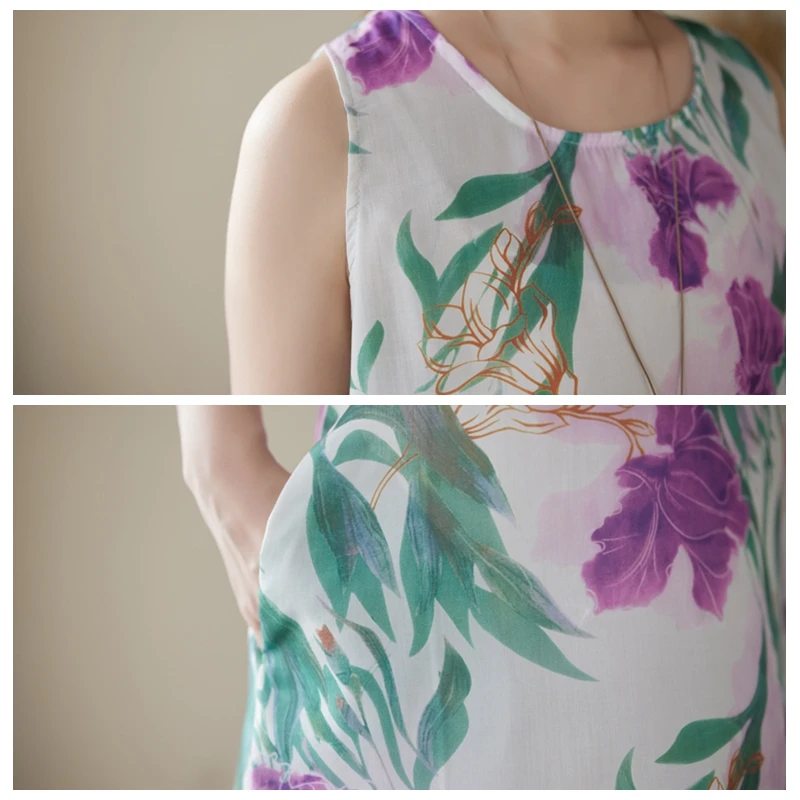 ฤดูร้อนดอกไม้ผ้าฝ้ายและผ้าลินินชุดเสื้อกั๊กผู้หญิงลําลองหลวมแขนกุดวันหยุด Boho Beach ชุดยาว Maxi Robe