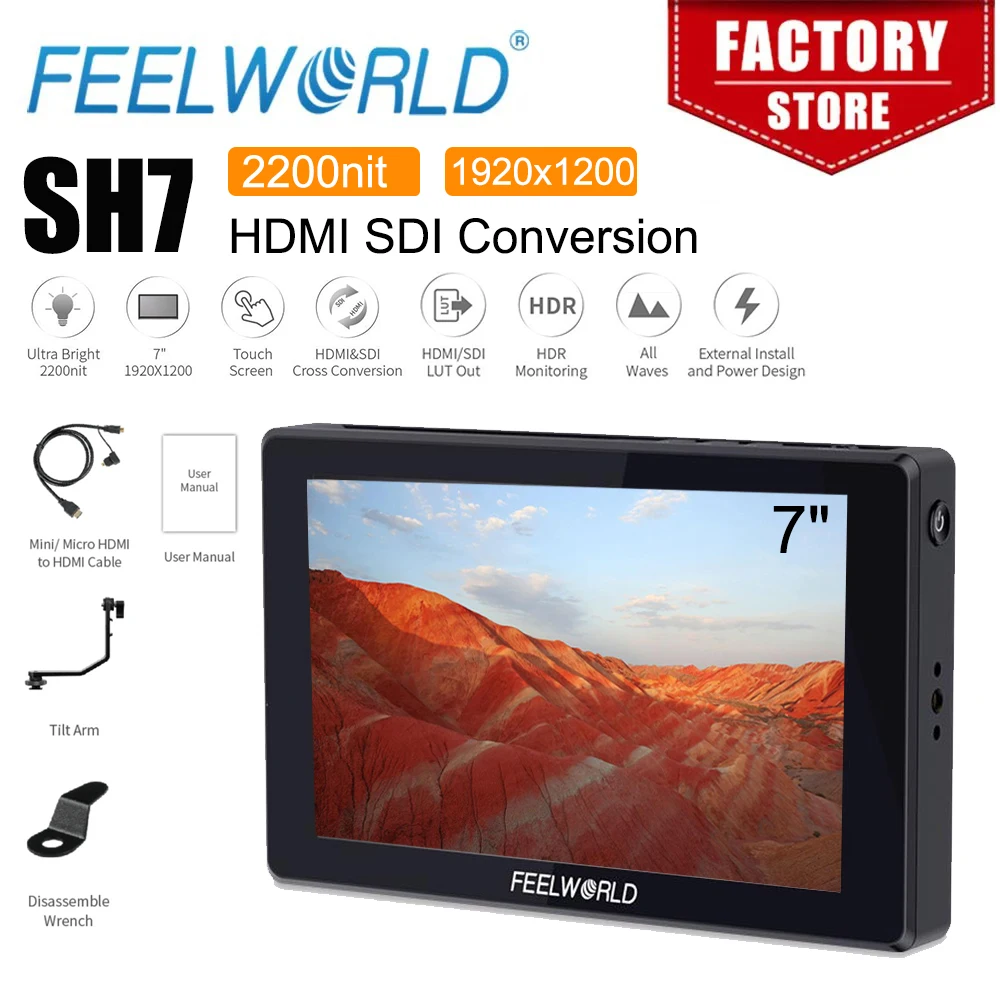 FEELWORLD SH7 Resolution Cross Conversion Monitor 7inch Monitor Ultra Bright 2200nit SDI/HDMI-compatible Input/Output 1920x1200