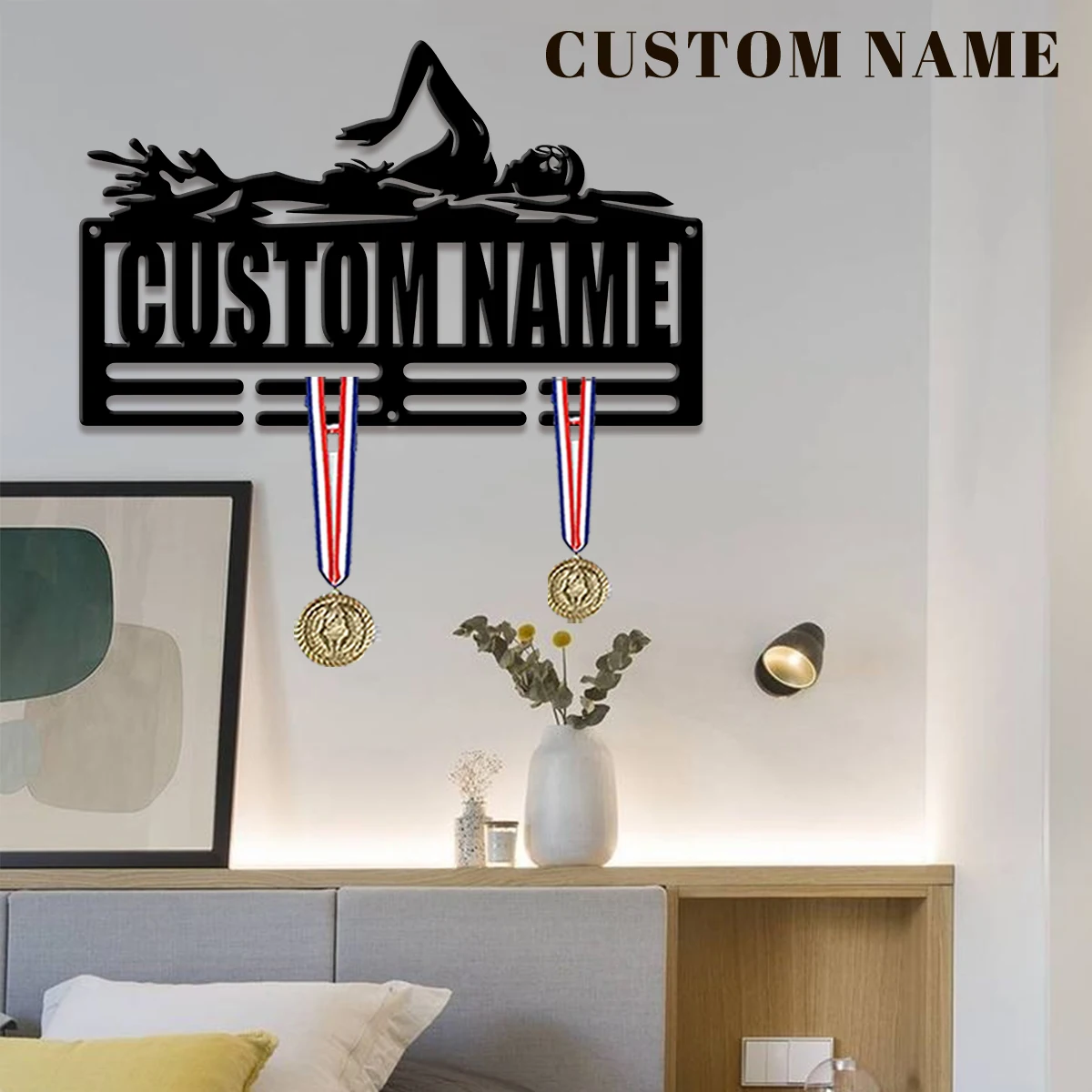 1pc Custom Swimming Champion Metal Medal Holder,Sports Carnival Hang Metal Wall Art Suitable for Running Marathon Sports Record