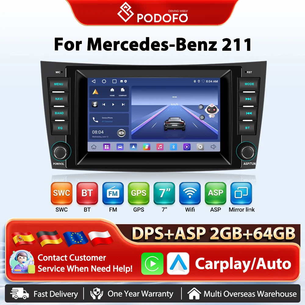 Podofo 7 Zoll Wireless Carplay Android Auto Auto Radio Für Mercedes-Benz 211 GPS Navigation Mirrorlink Auto Multimedia Player RDS