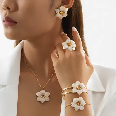 5pcs Jewelry Set romantic handmade oil dripping gradient dyeing double layer irregular flower pendant necklace earrings bracelet