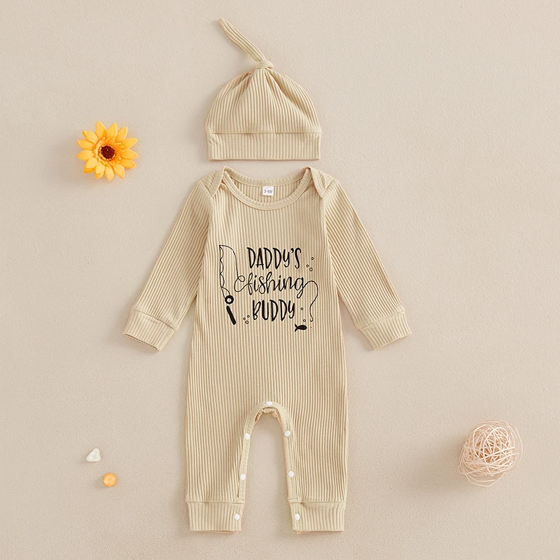 Baby Boys Jumpsuit Set Long Sleeve Crew Neck Letters Print Romper with Hat for Casual Daily