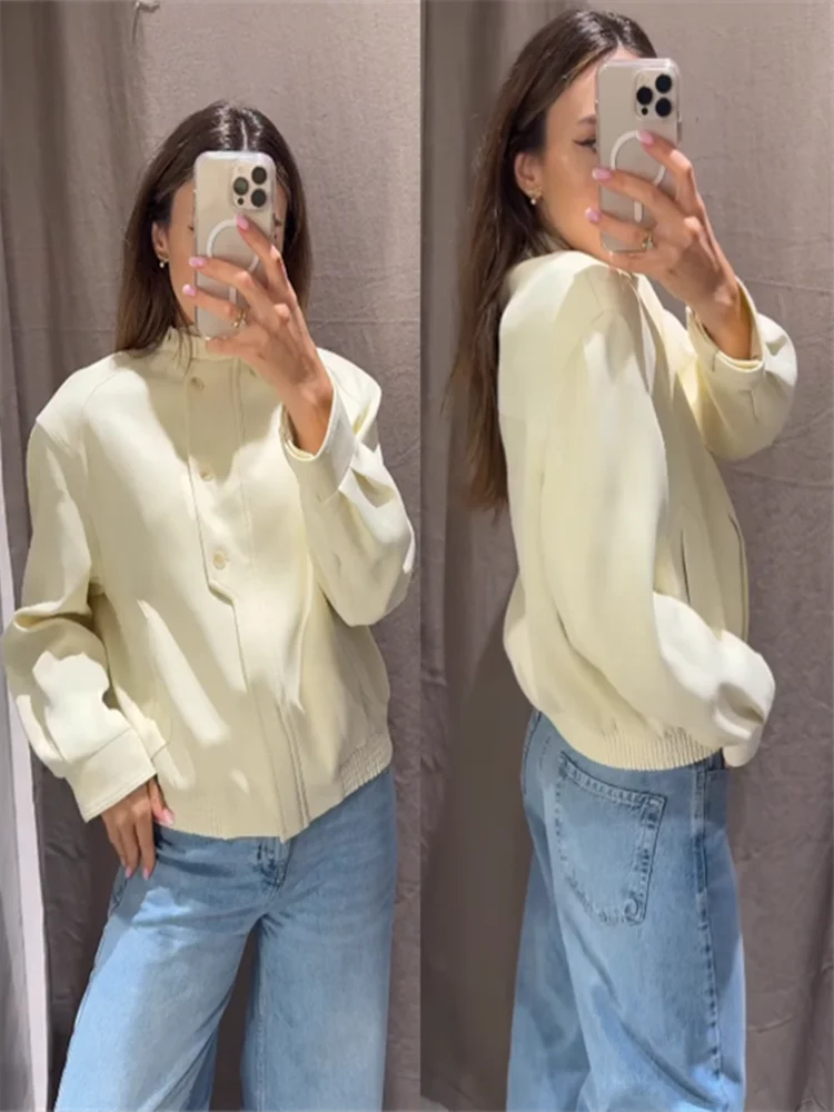

Elegant Women's Stand Collar Jacket Coat Loose Fit Button-Front Cropped Outerwears Chic Autumn Casual Daily Streetwear Outfit