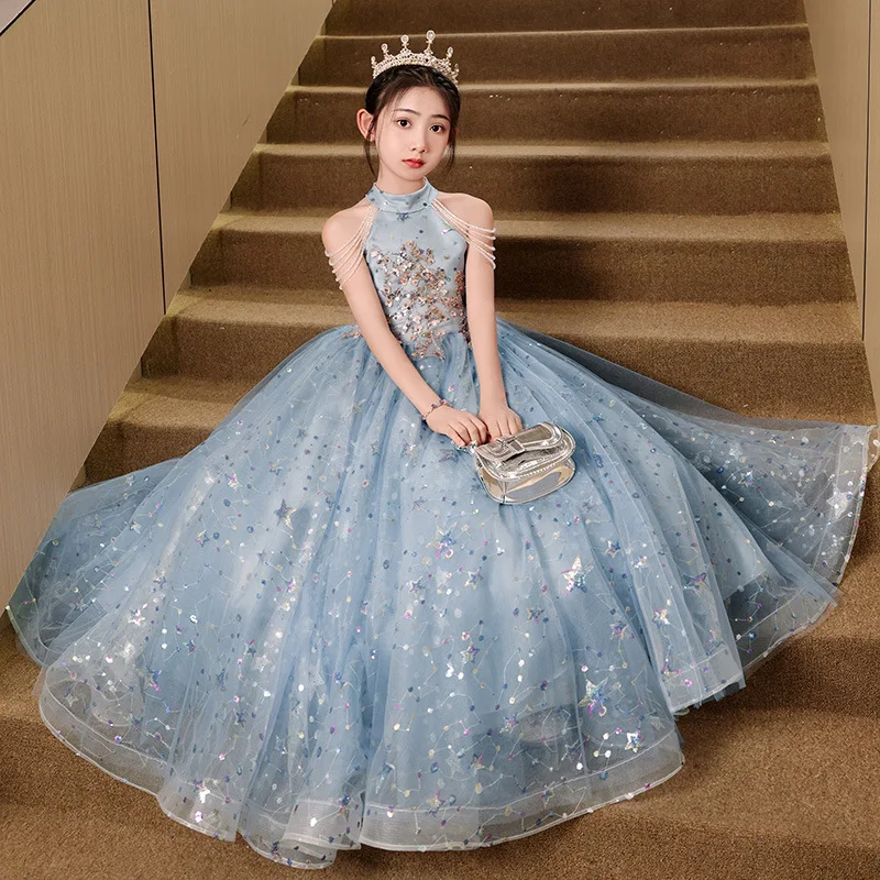 Blauwe meisjesjurk lente lichte luxe nis high-end prinsessenjurk voor meisjes kindergastheer pianospeljurk