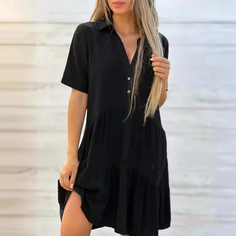 

A-line Women Dress Stylish Summer Women's V Neck Pleated Patchwork A-line Dress with Swing Hem Solid Color Short Sleeves Knee