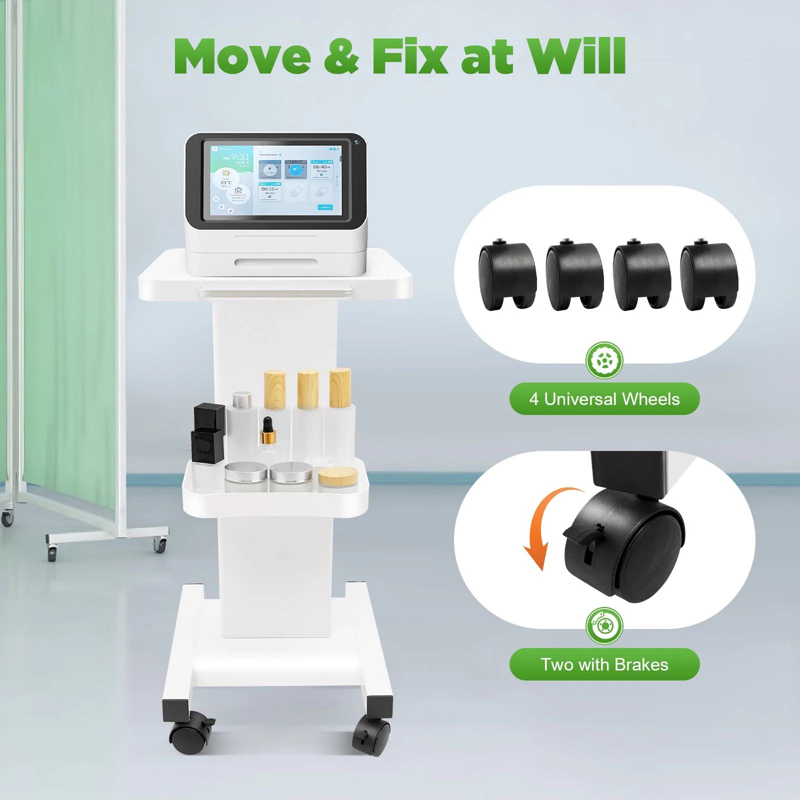 Beauty Instrument Trolley on Wheels with Brakes, 132lbs Load Rolling Utility Trolley for Salon Spa Clinic Hospital