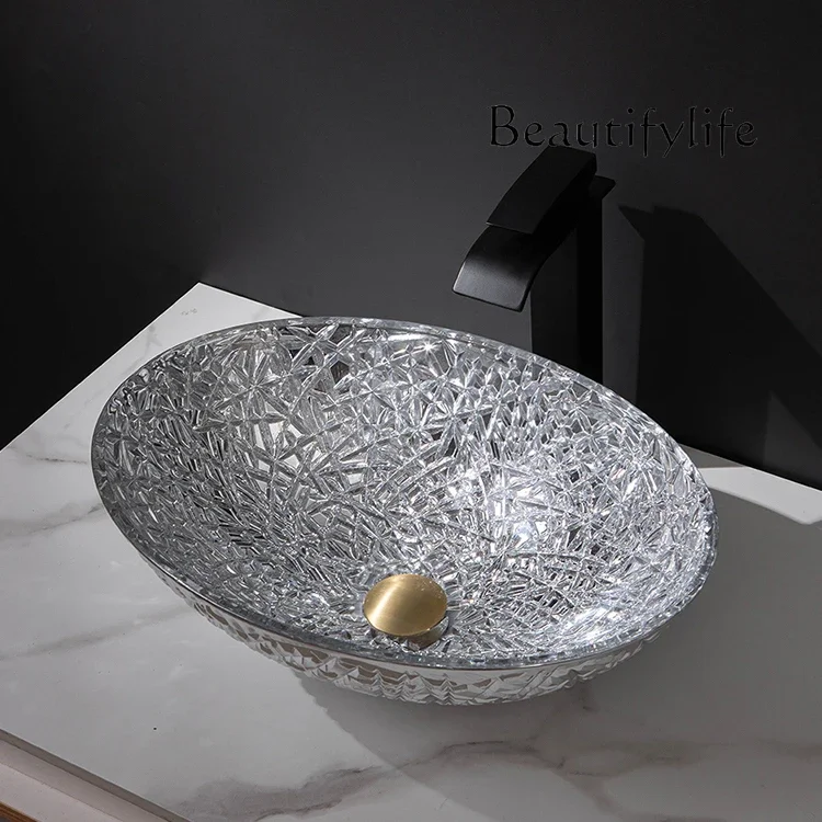 H O Electroplated Tempered Glass Art Basin Oval Washbasin Crystal Washbasin On The Hotel Table