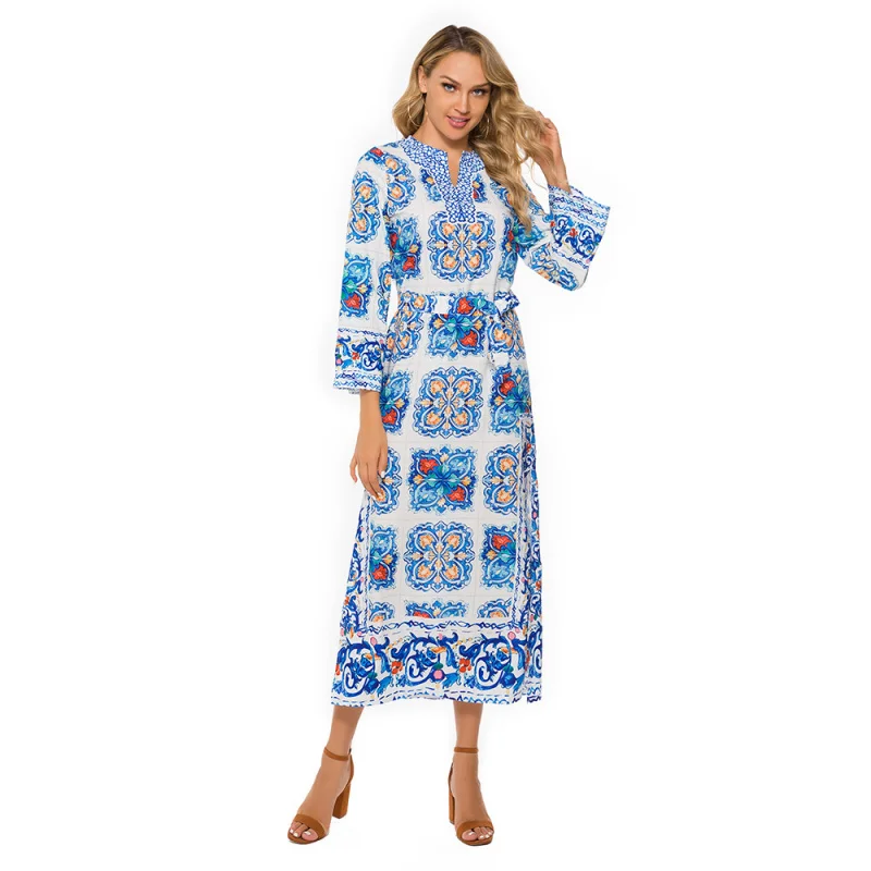 -Border Bohemian Beach European American Women's Clothing Blue and White Porcelain Evening Dress Print Dre