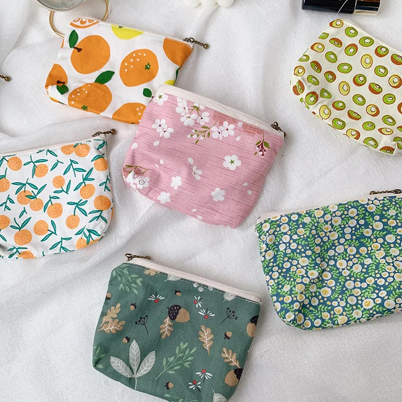 Fashion Flower Pattern Cute Coin Purses Small Fresh Canvas Zipper Coin Wallet Girls Earphone Coin Key Money Storage Bag Pouch