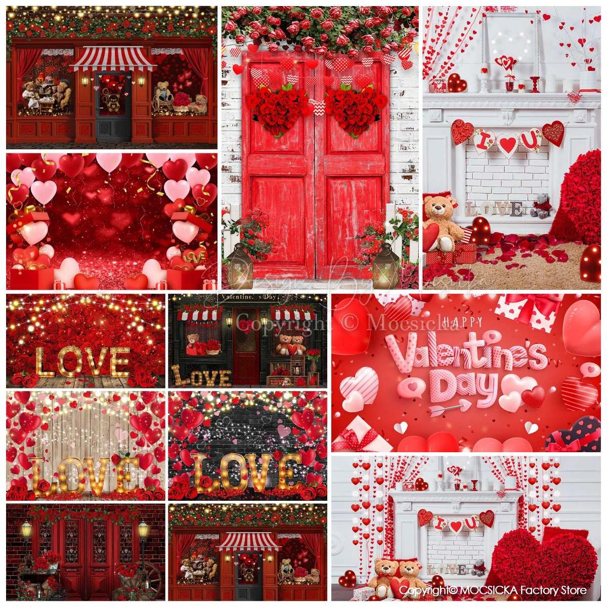 

Mocsicka Red Rose Valentine's Day Backdrop Love Heart Flower Wall Toy Bear Decor Background Anniversary Party Photography Banner