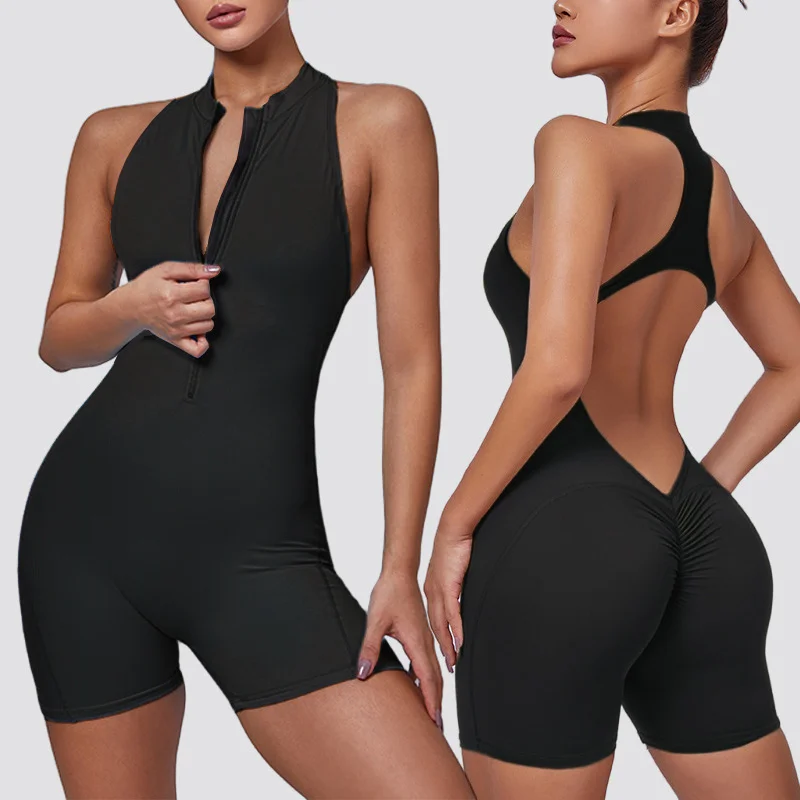 

Quick-dry one-piece jumpsuit with open back for women Seamless zip-up sports leggings for yoga Peach-shaped buttocks bodysuit
