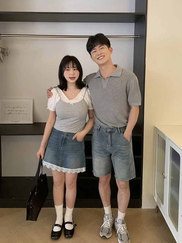 

Korean Sle Ruffle Hem Denim Skirt A-Line plus Size Women's High Waist Cotton Polyester Blend Casual High Waist Skirt