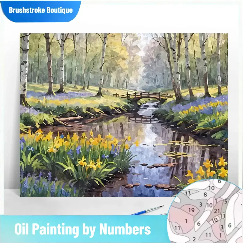 

DIY Painting By Numbers Landscape Digital Oil Painting Forest Tree Drawing By Numbers River Bridge Arts And Crafts Home Decor