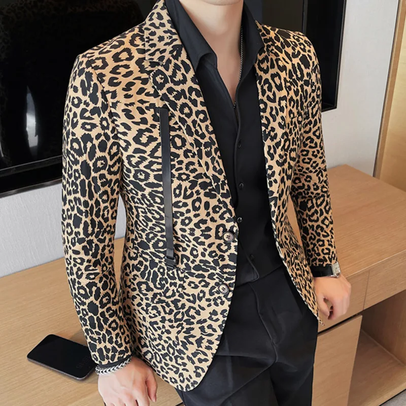 Retro Leopard Pattern Men Blazer British Suit Jacket Casual Vintage Masculino Daily Blazer Slim Hombre Chemish Homme