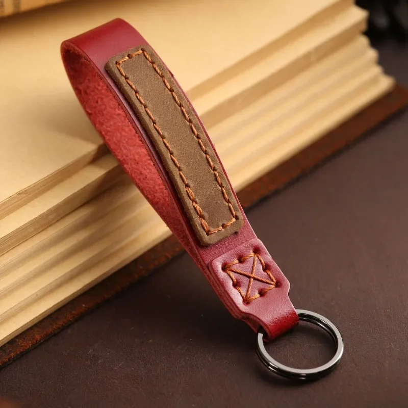 

Custom LOGO Crazy Horse Real Leather Keychain Vintage Car Keyring Personalize Laser Engrave Name Key Chain Holder for Men Women