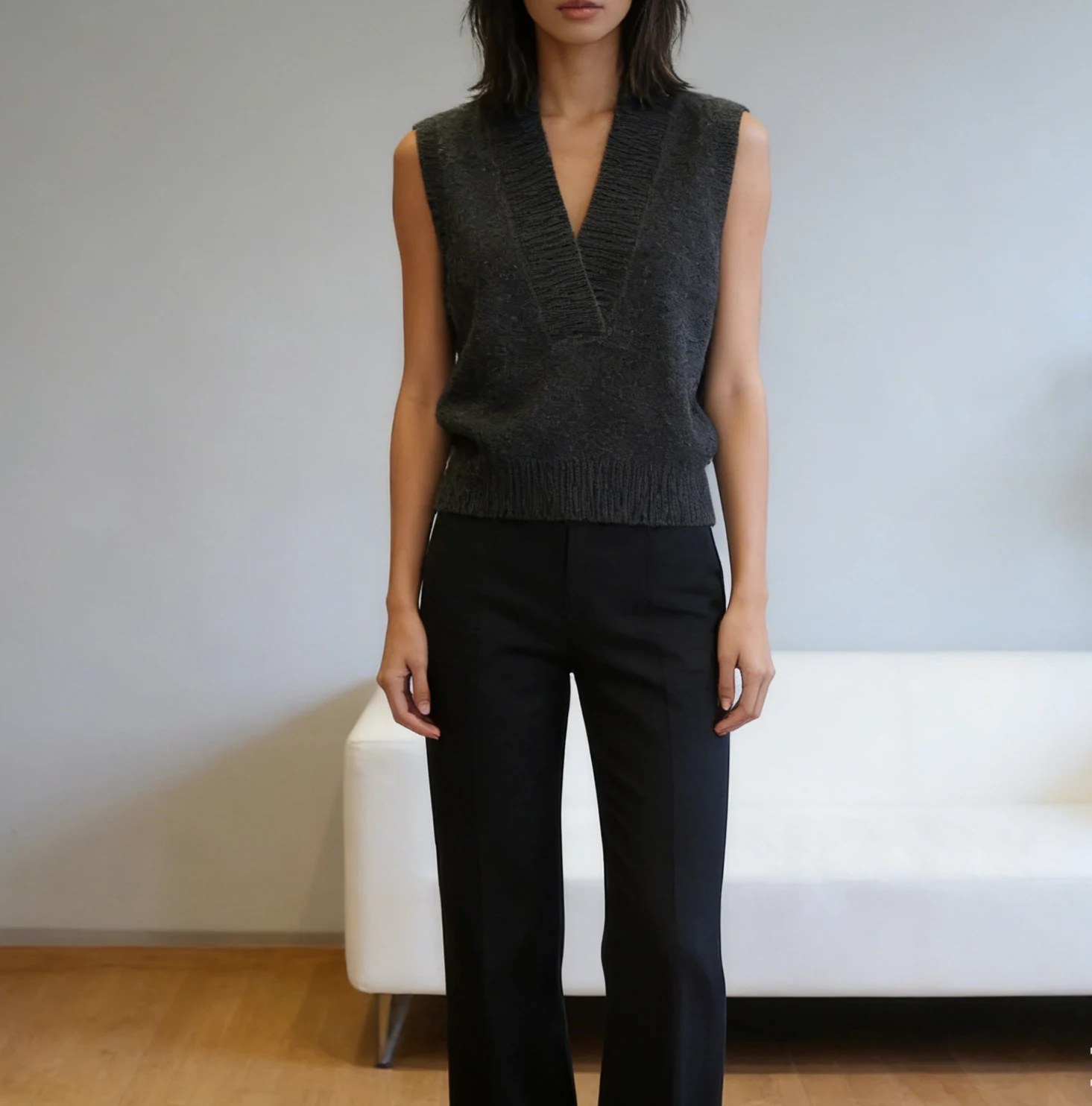 여성용 브이넥 프리미엄 그레이 니트 조끼, 루즈하고 슬림한 핏, 우아하고 패셔너블하며 출퇴근에 적합